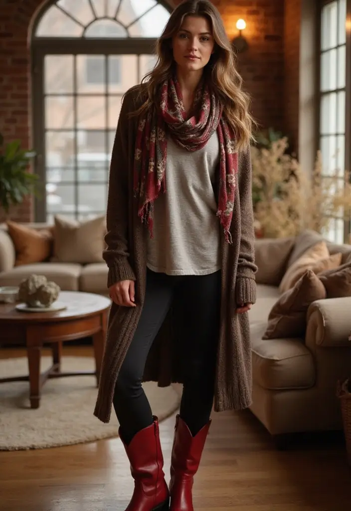 28 Red Cowboy Boots Outfit Looks That Will Upgrade Your Wardrobe - 6. Layered Tunic with Leggings