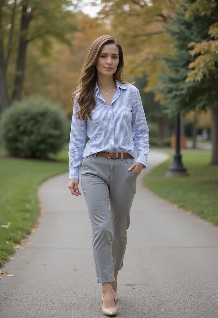 28 Trendy Pantalon Gris Outfit Mujer To Refresh Your Closet - 13. Timeless Stripes with a Twist