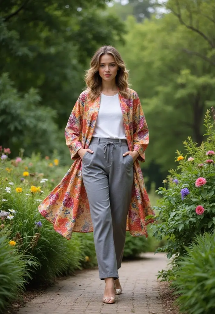 28 Trendy Pantalon Gris Outfit Mujer To Refresh Your Closet - 16. Layered Look with a Kimono