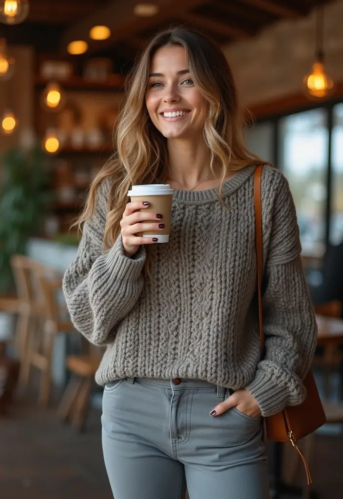 28 Trendy Pantalon Gris Outfit Mujer To Refresh Your Closet - 2. Cozy Knit Sweater Vibes