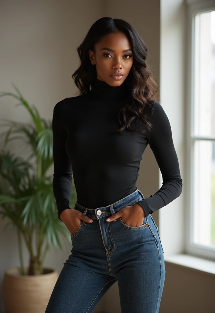 29 Chic Jean Outfit Ideas for Black Women to Copy Right Now - 10. Turtleneck with Straight-Leg Jeans
