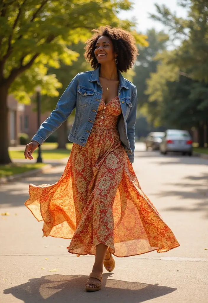 29 Chic Jean Outfit Ideas for Black Women to Copy Right Now - 11. Printed Maxi Dress with Denim Jacket