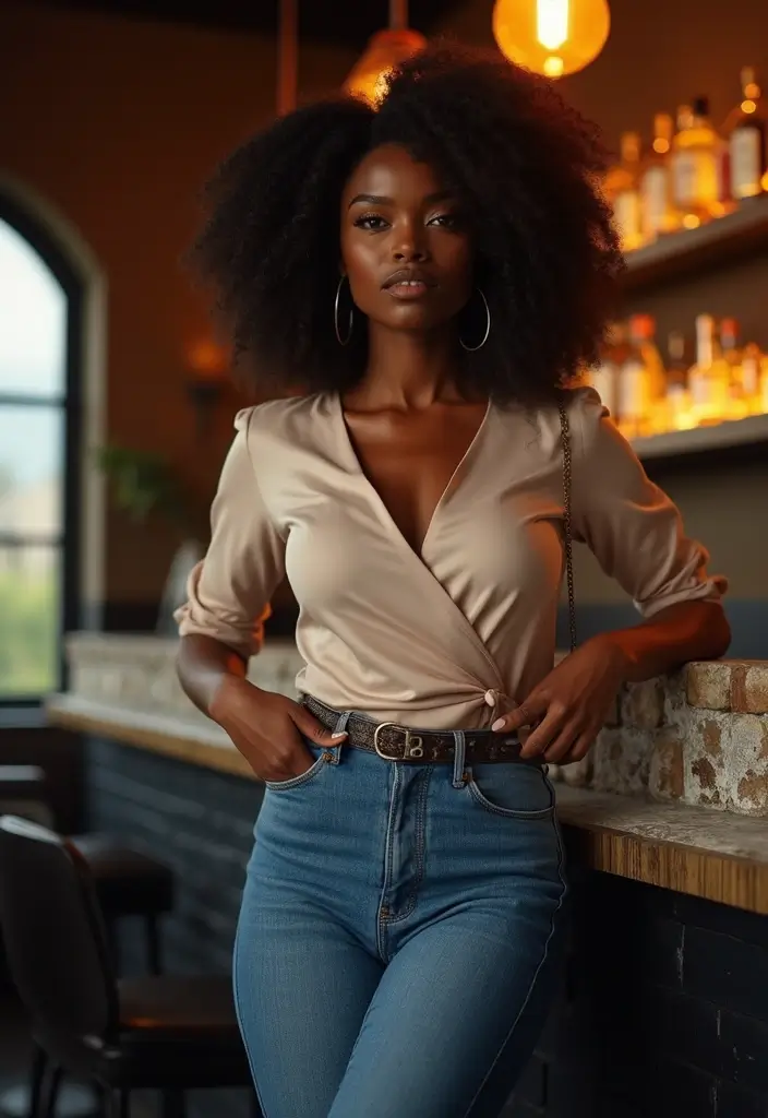 29 Chic Jean Outfit Ideas for Black Women to Copy Right Now - 12. Stylish Wrap Top with Bootcut Jeans