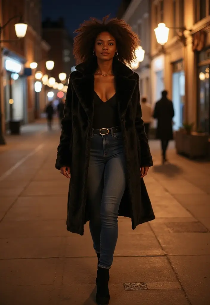 29 Chic Jean Outfit Ideas for Black Women to Copy Right Now - 16. Luxurious Faux Fur Coat with Jeans