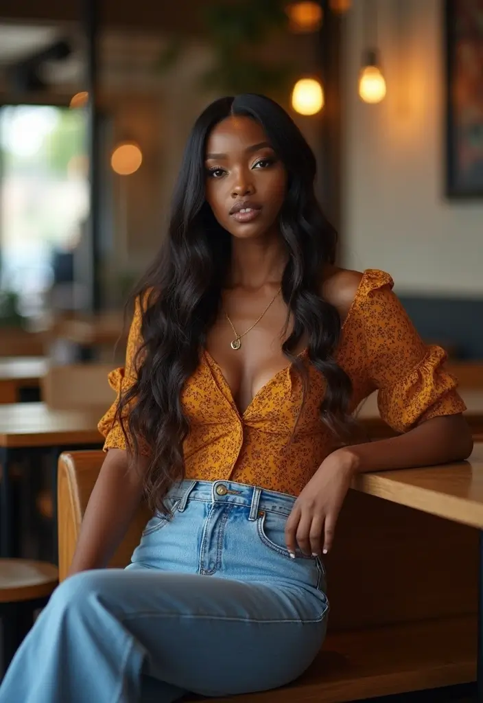 29 Chic Jean Outfit Ideas for Black Women to Copy Right Now - 18. Dressy Blouse with Wide Leg Jeans