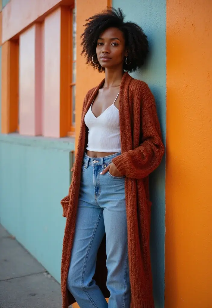 29 Chic Jean Outfit Ideas for Black Women to Copy Right Now - 19. Layered Look with Long Cardigan and Jeans