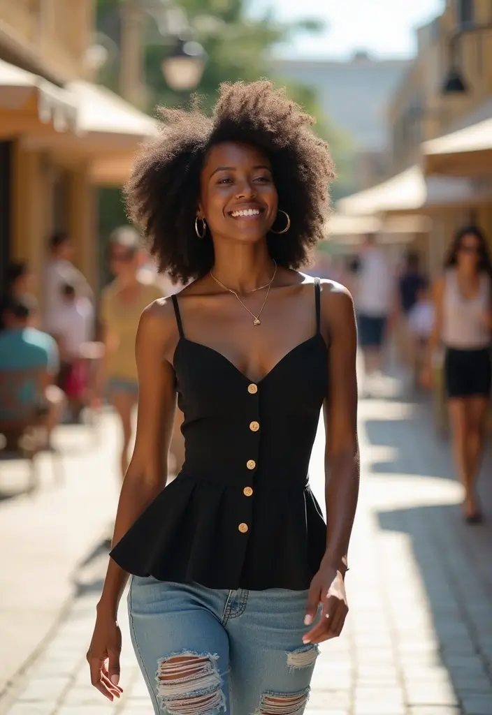 29 Chic Jean Outfit Ideas for Black Women to Copy Right Now - 20. Chic Peplum Top with Distressed Jeans