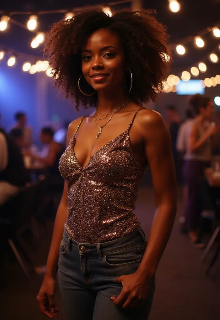 29 Chic Jean Outfit Ideas for Black Women to Copy Right Now - 23. Elegant Evening Look with Sequin Top and Jeans