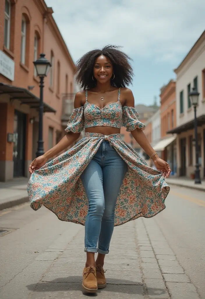 29 Chic Jean Outfit Ideas for Black Women to Copy Right Now - 25. Feminine Touch with A-Line Skirt and Jeans
