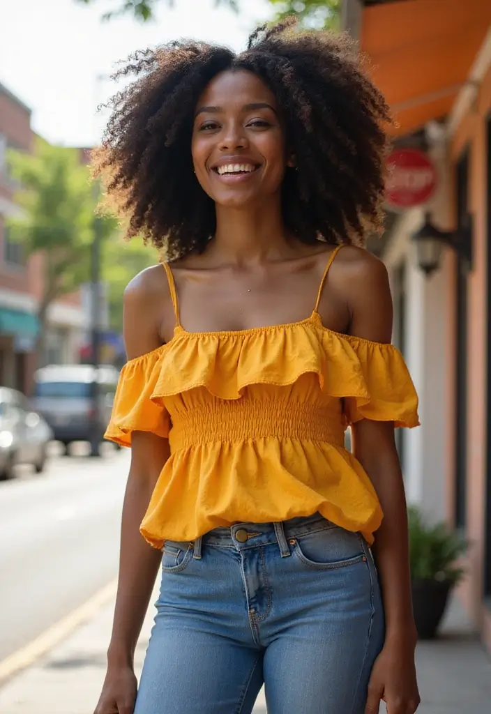 29 Chic Jean Outfit Ideas for Black Women to Copy Right Now - 26. Playful Ruffled Top with Jeans