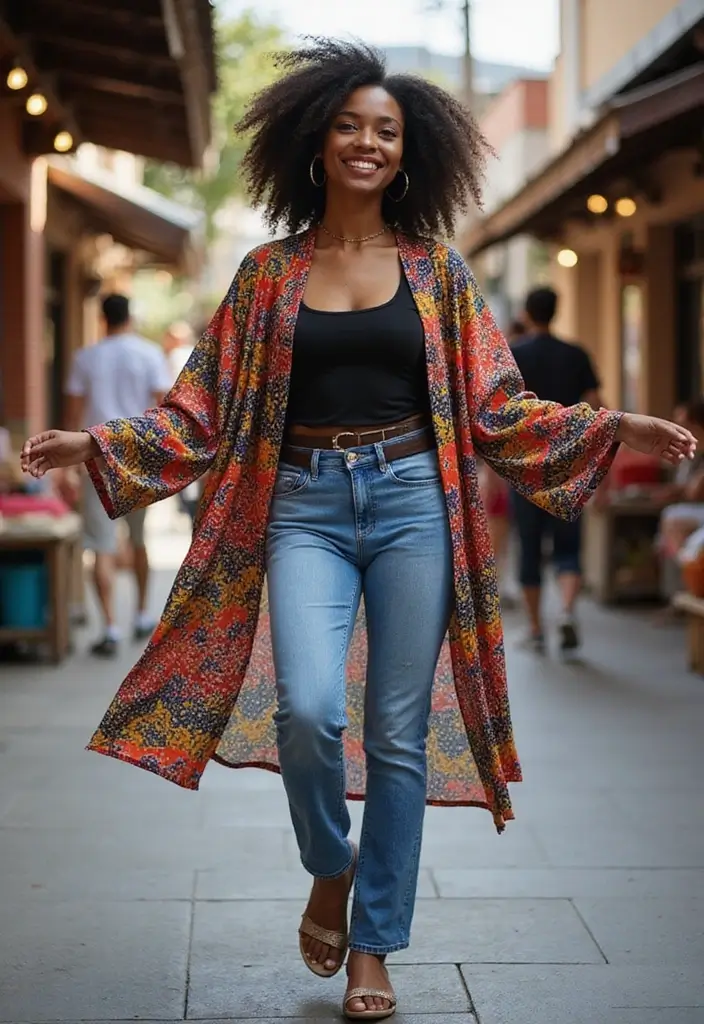 29 Chic Jean Outfit Ideas for Black Women to Copy Right Now - 27. Colorful Kimono with Jeans