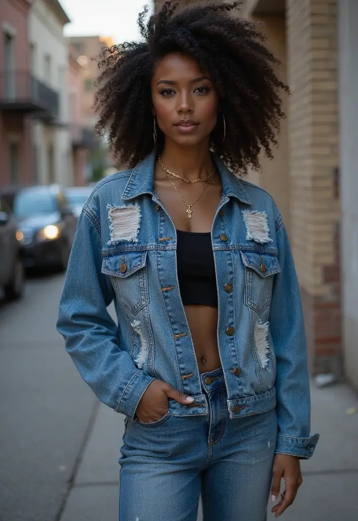 29 Chic Jean Outfit Ideas for Black Women to Copy Right Now - 29. Edgy Look with Distressed Jacket and Jeans