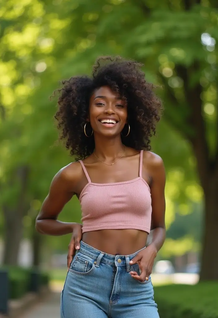29 Chic Jean Outfit Ideas for Black Women to Copy Right Now - 4. Cropped Top with Flared Jeans