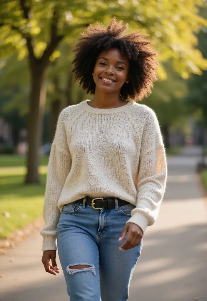 29 Chic Jean Outfit Ideas for Black Women to Copy Right Now - 7. Comfy Knit Sweater with Boyfriend Jeans