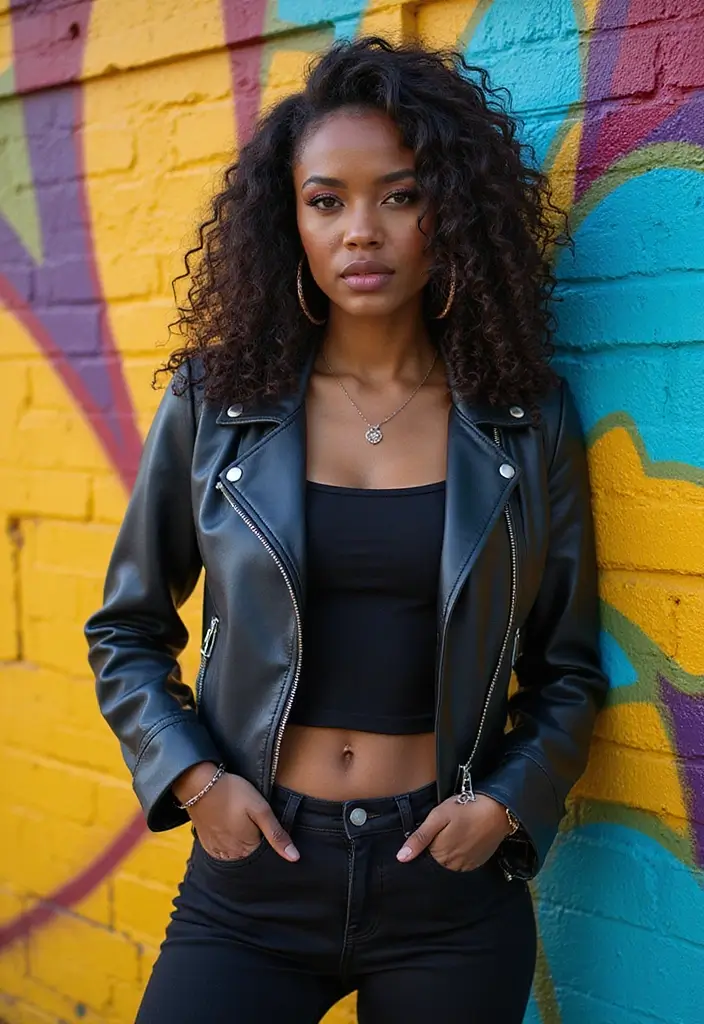 29 Chic Jean Outfit Ideas for Black Women to Copy Right Now - 9. Chic Biker Jacket with Skinny Jeans
