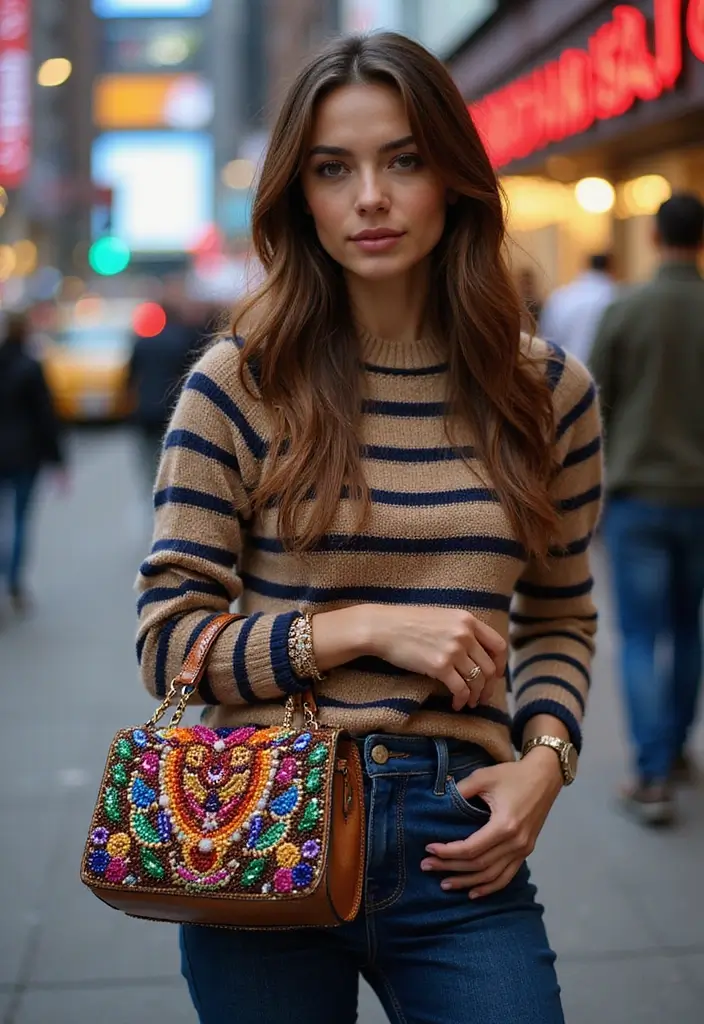 29 Chic Sueter Rayado Outfit To Copy Right Now - 13. Striped Sweater with a Beaded Bag