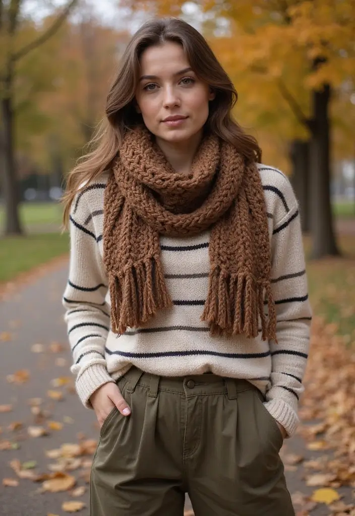 29 Chic Sueter Rayado Outfit To Copy Right Now - 14. Striped Sweater with Chunky Knit Scarf