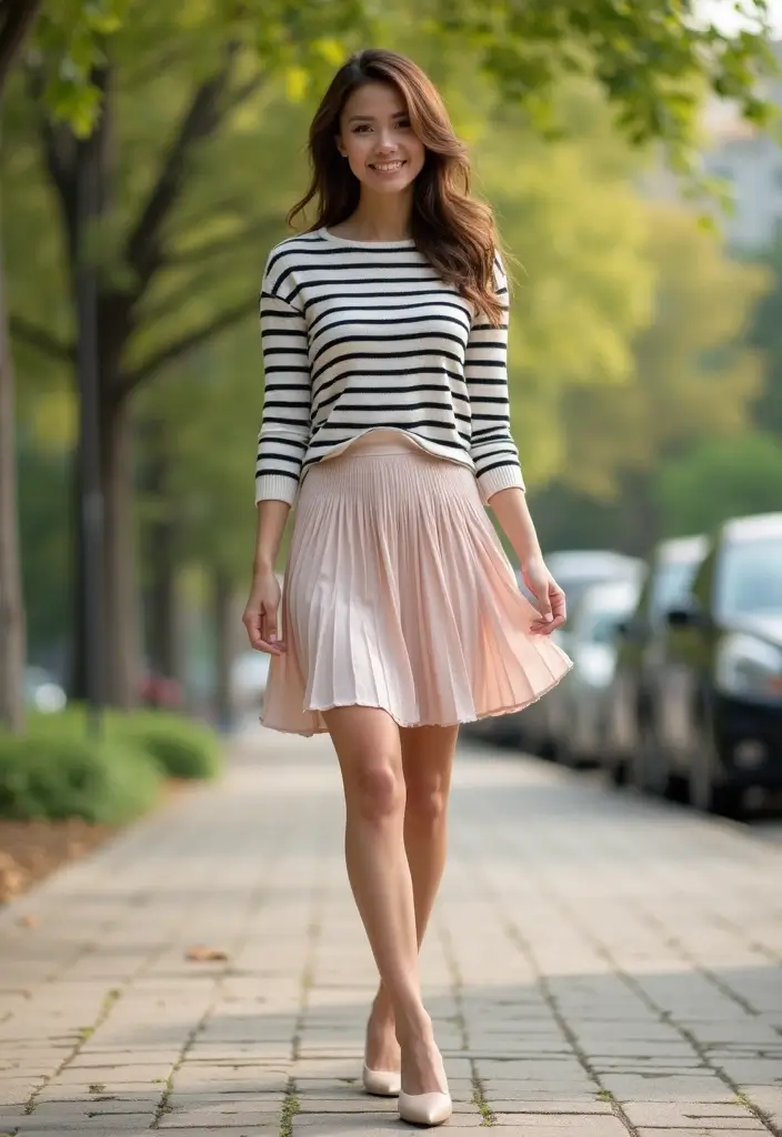 29 Chic Sueter Rayado Outfit To Copy Right Now - 16. Striped Sweater with a Soft Pleated Skirt