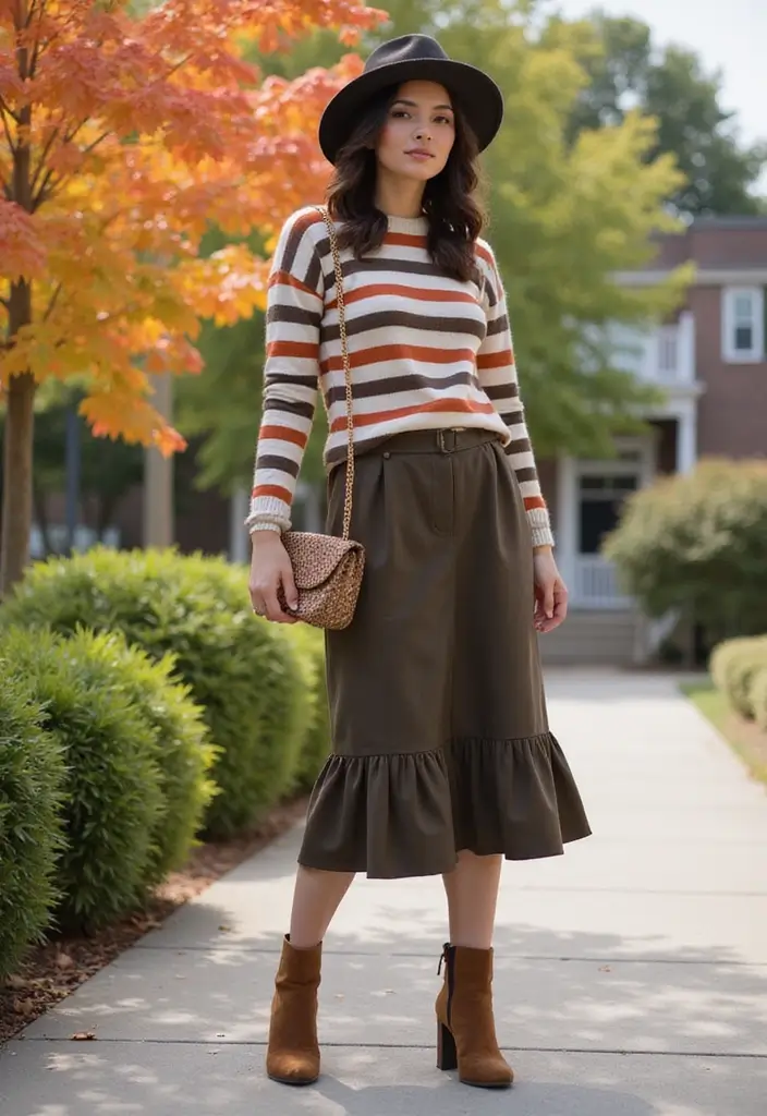29 Chic Sueter Rayado Outfit To Copy Right Now - 18. Striped Sweater with a Flared Midi Skirt