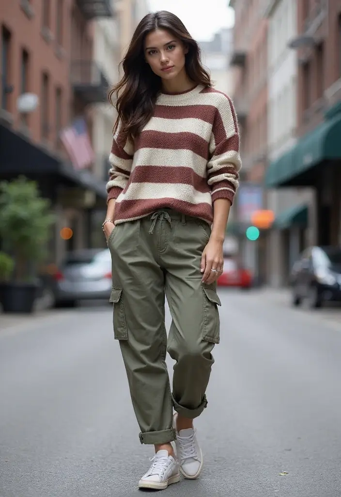 29 Chic Sueter Rayado Outfit To Copy Right Now - 19. Striped Sweater with Cargo Pants