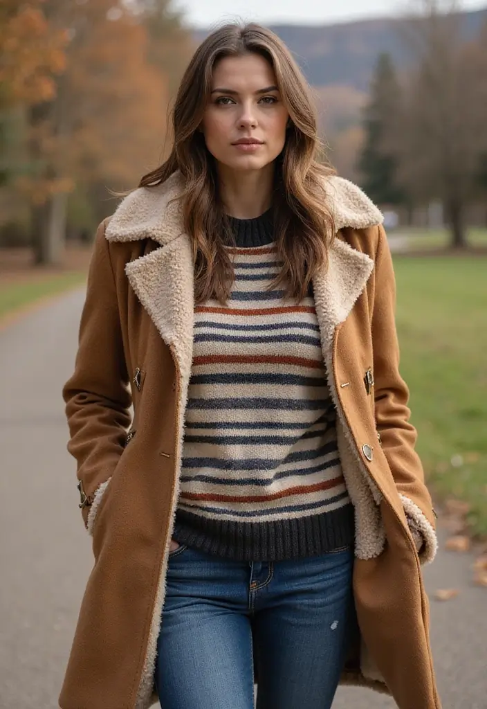 29 Chic Sueter Rayado Outfit To Copy Right Now - 21. Striped Sweater with a Shearling Jacket
