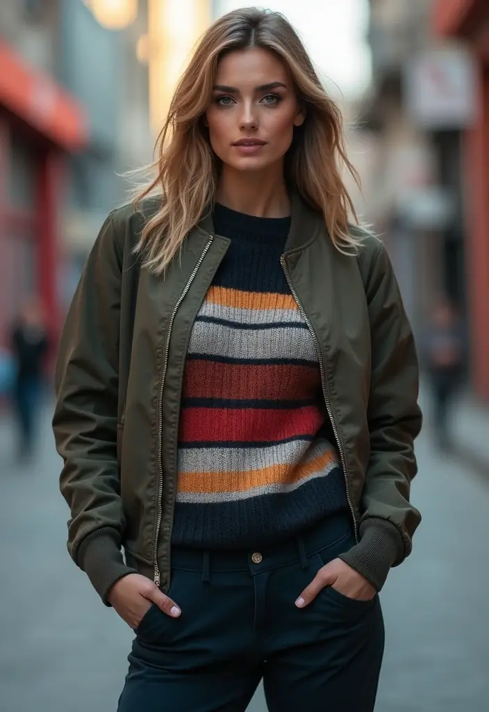 29 Chic Sueter Rayado Outfit To Copy Right Now - 24. Striped Sweater with a Bomber Jacket