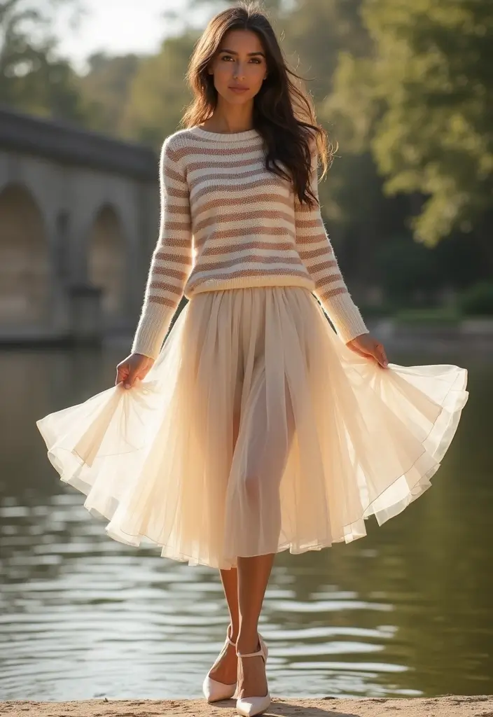 29 Chic Sueter Rayado Outfit To Copy Right Now - 28. Striped Sweater with a Tulle Skirt