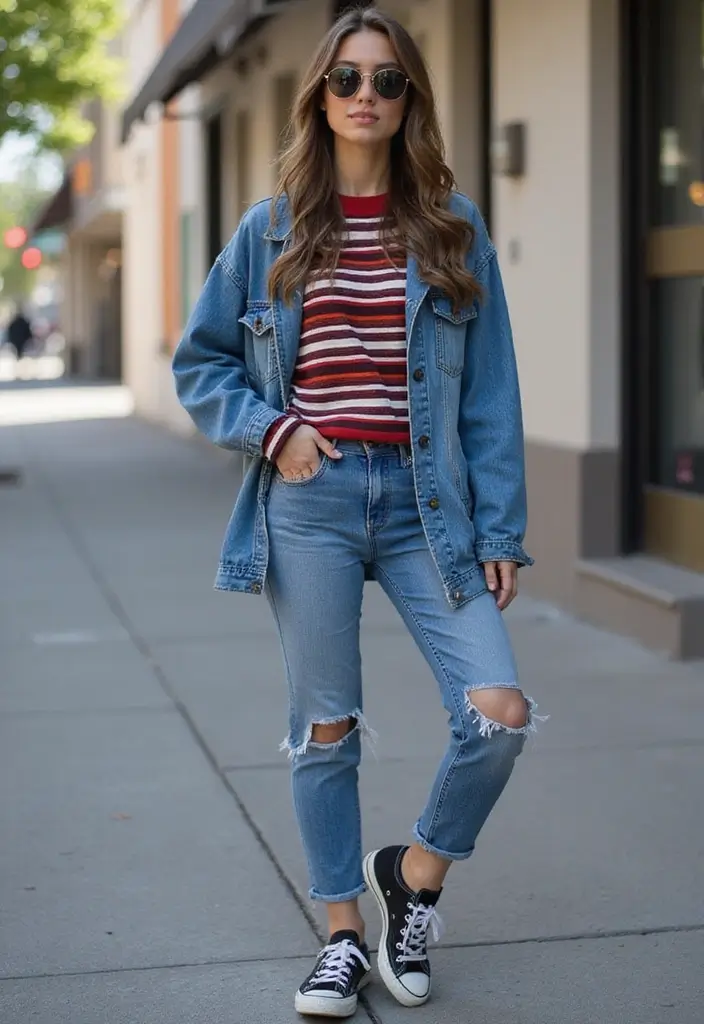 29 Chic Sueter Rayado Outfit To Copy Right Now - 6. Striped Sweater with Denim Jacket