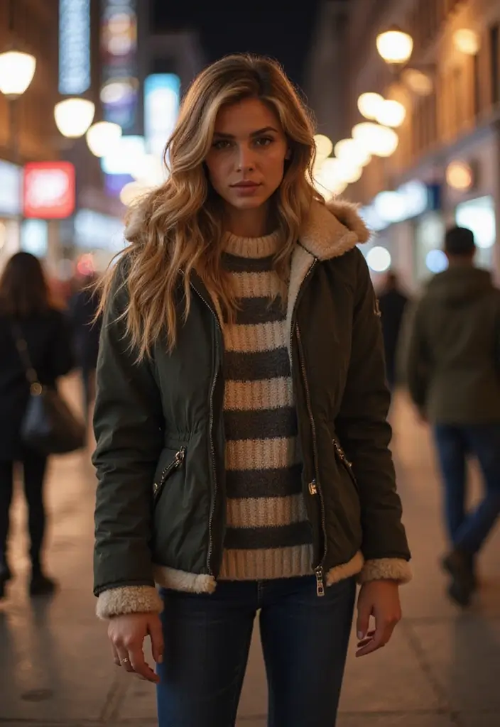 29 Chic Sueter Rayado Outfit To Copy Right Now - 8. Striped Sweater Under a Puffer Jacket