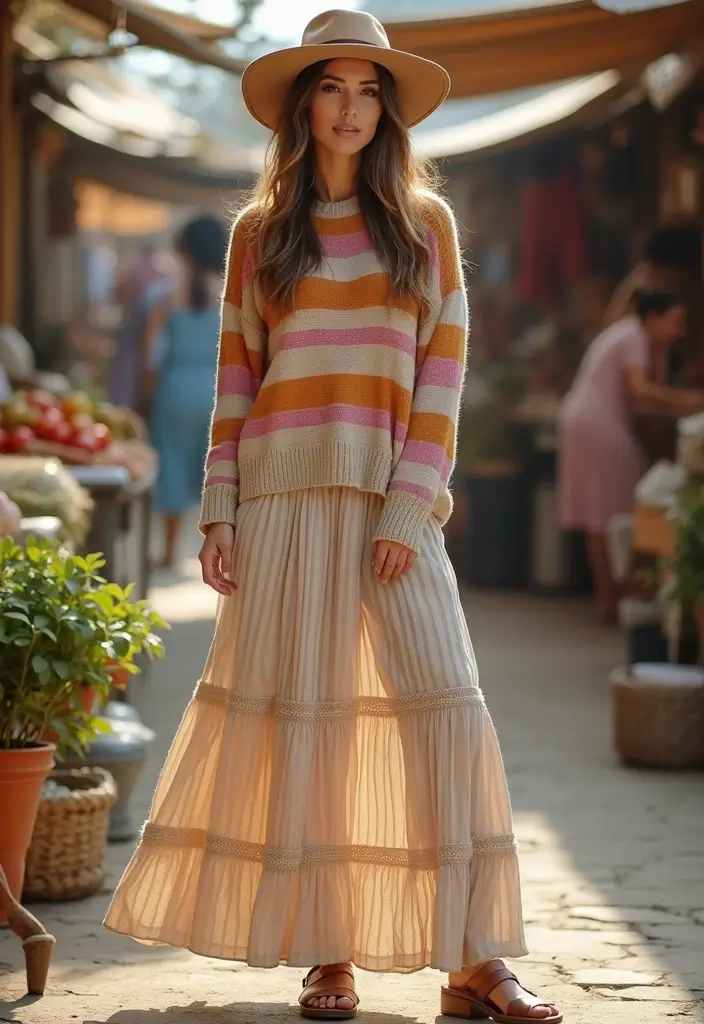 29 Chic Sueter Rayado Outfit To Copy Right Now - 9. Striped Sweater with a Maxi Skirt