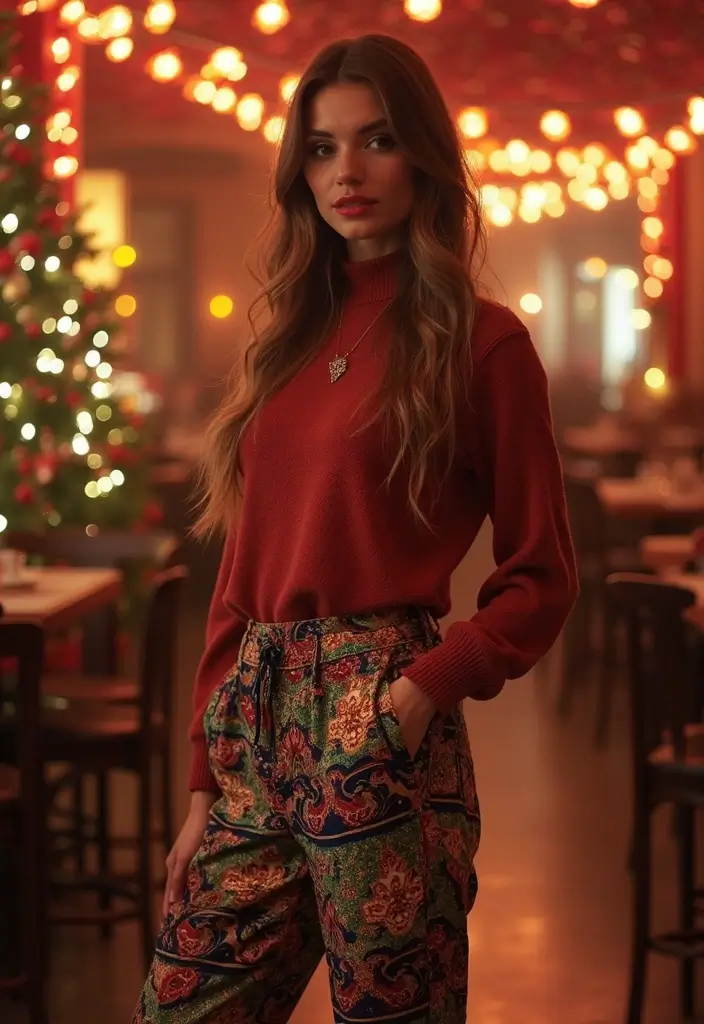 29 Chic Winter Party Outfit Ideas to Copy Right Now - 14. Funky Printed Pants with a Solid Top