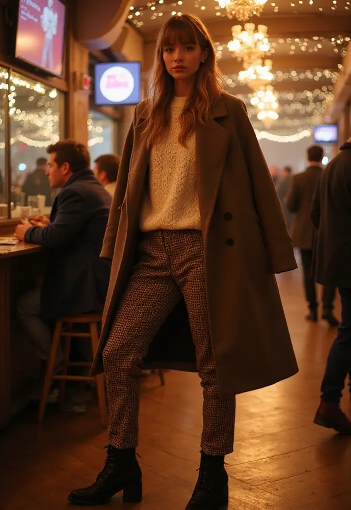 29 Chic Winter Party Outfit Ideas to Copy Right Now - 7. Patterned Trousers and Cozy Knit
