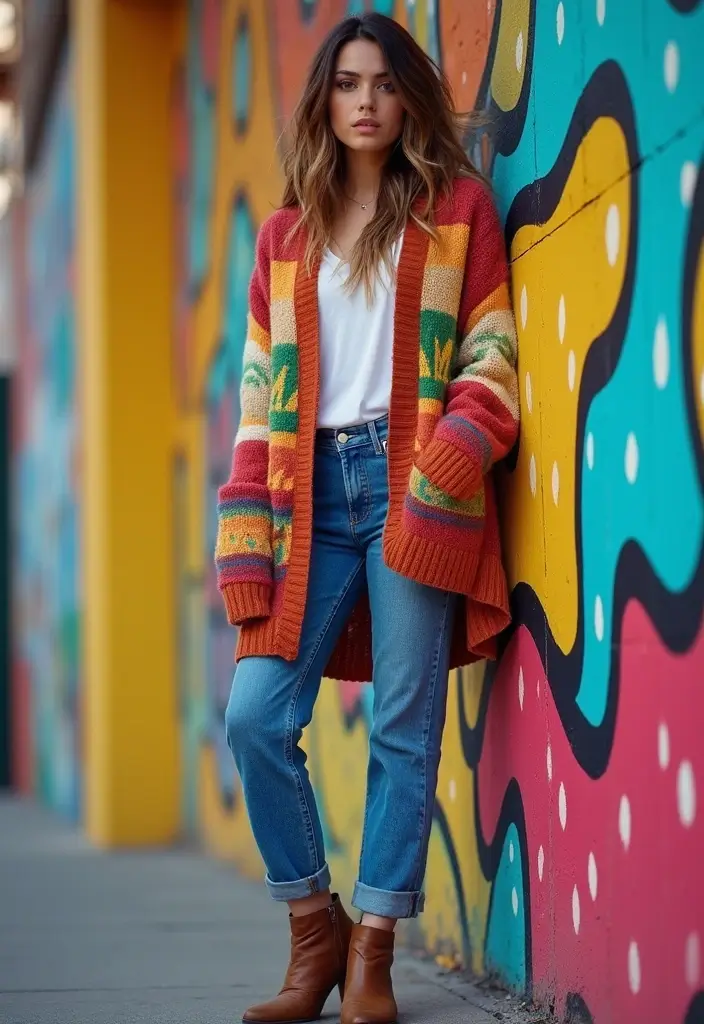 29 Must-Try Blue Jeans Outfit Combos This Season - 12. Colorful Cardigan with Denim