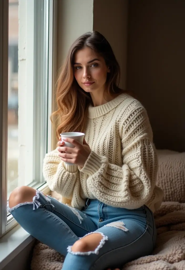 29 Must-Try Blue Jeans Outfit Combos This Season - 17. Ripped Jeans with Chunky Knit Sweater