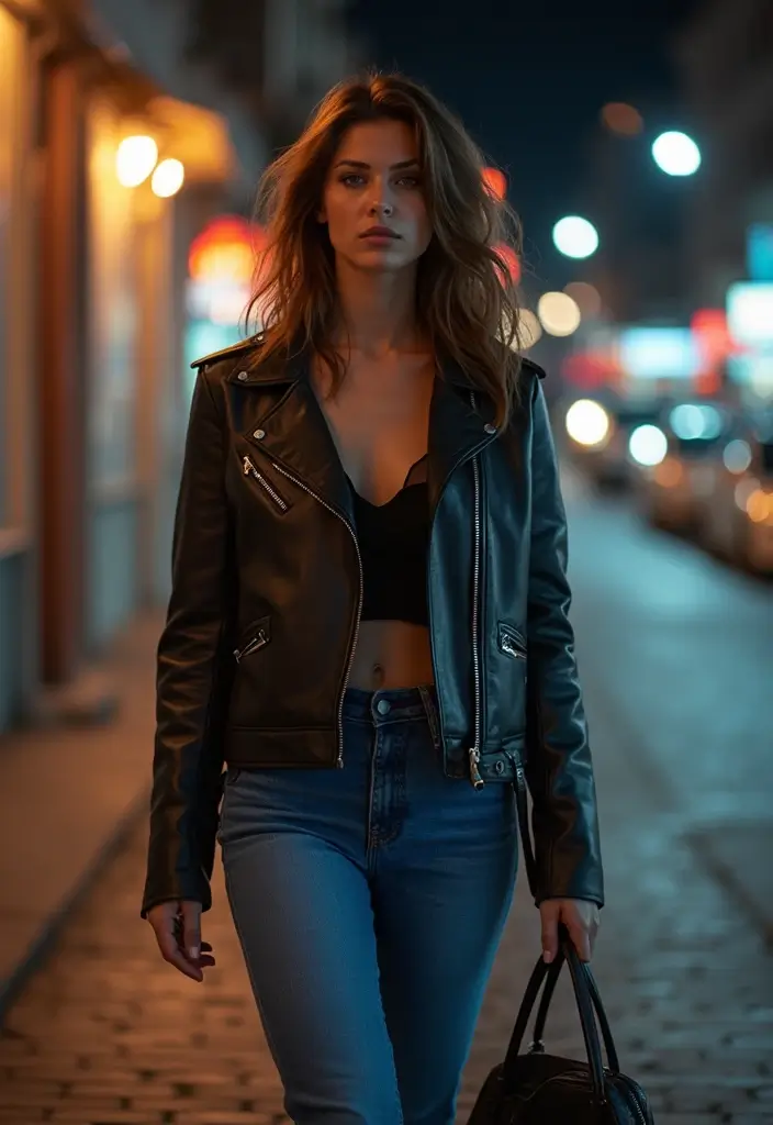 29 Must-Try Blue Jeans Outfit Combos This Season - 23. Leather Jacket with Classic Blue Jeans