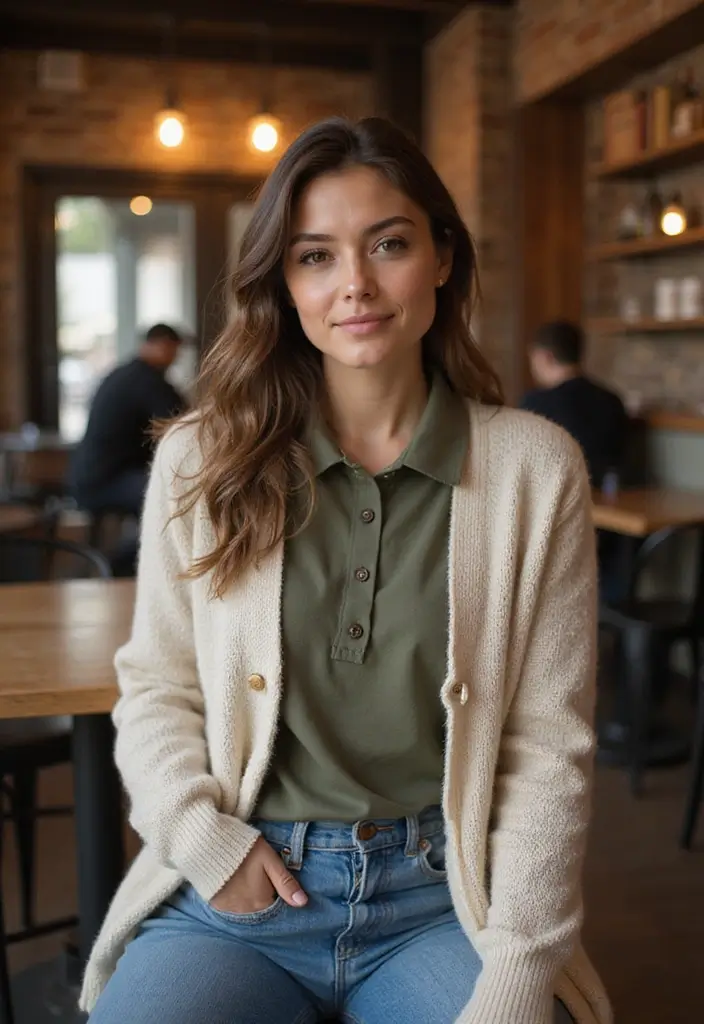 29 Polo Shirt Outfit Inspirations For Real Life - 21. Polo with Cardigan Layering