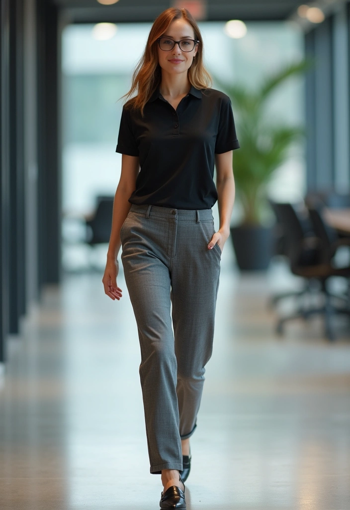 29 Polo Shirt Outfit Inspirations For Real Life - 6. Timeless Black Polo with Grey Slacks