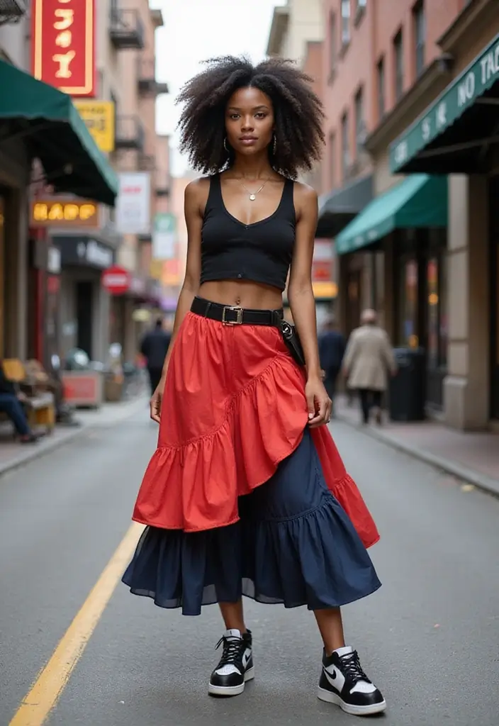 29 Trendy Panda Dunks Outfit Black Women To Refresh Your Closet - 12. Layered Midi Skirt