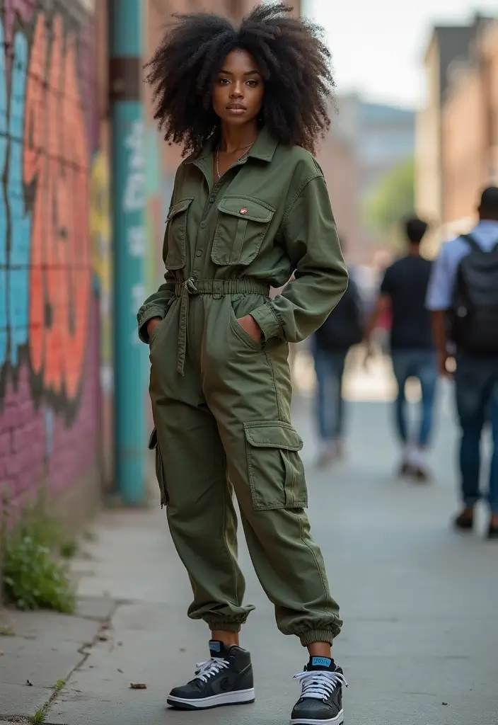 29 Trendy Panda Dunks Outfit Black Women To Refresh Your Closet - 13. Trendy Utility Jumpsuit