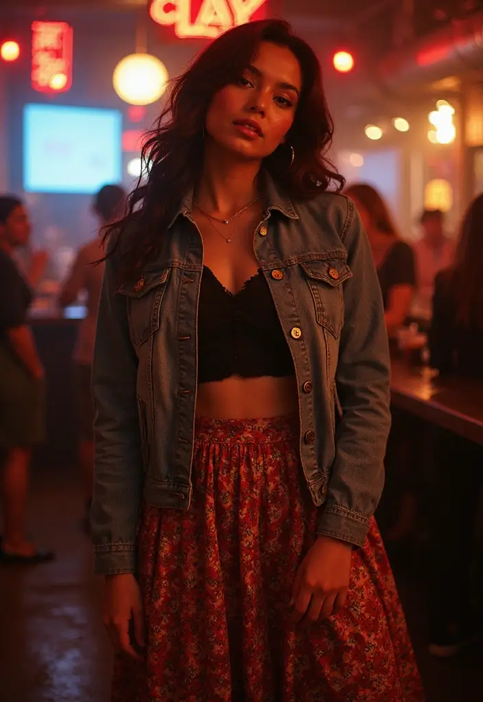 30 90s Clubbing Outfit Ideas That Feel Effortless - 12. Vintage Denim Jacket and Maxi Skirts