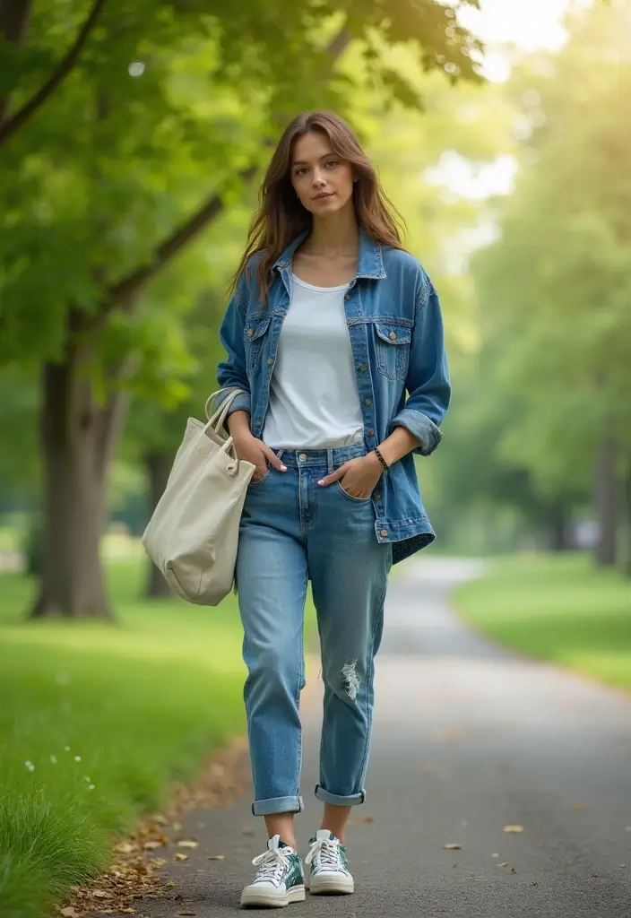 30 Fresh Outfit Casual Mujer Ideas You Need To Try - 1. Oversized Denim Jacket and Eco-Friendly Tee