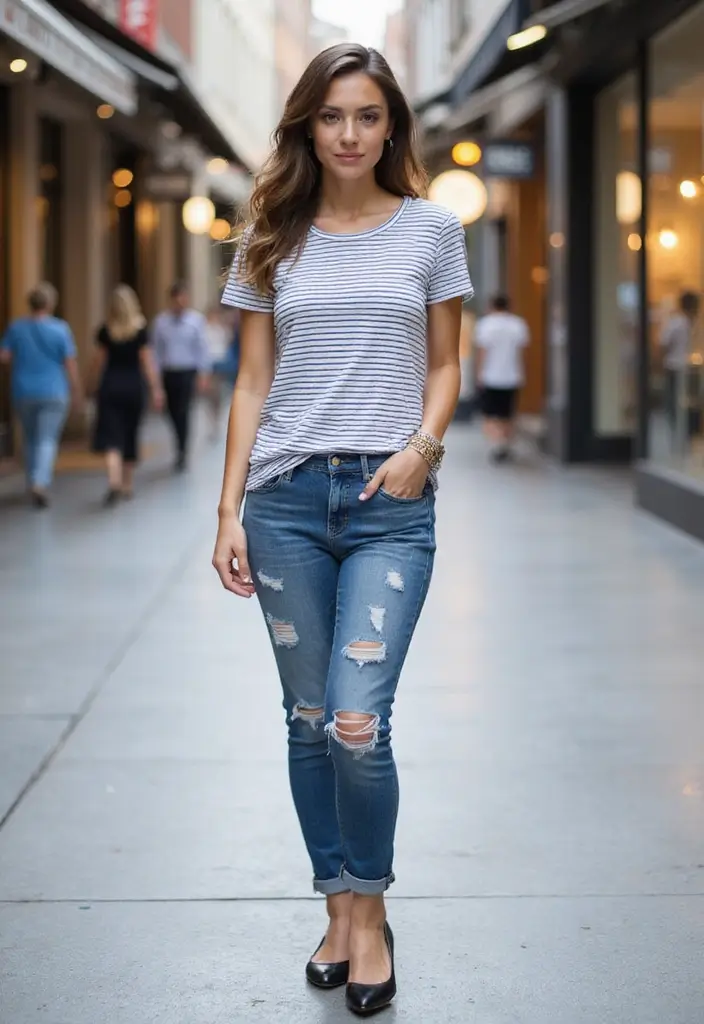 30 Fresh Outfit Casual Mujer Ideas You Need To Try - 10. Ripped Jeans and Striped Top
