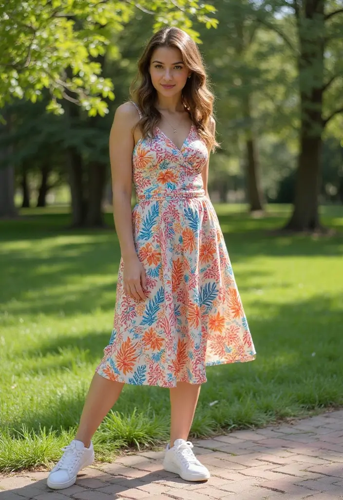30 Fresh Outfit Casual Mujer Ideas You Need To Try - 11. Colorful Midi Dress with Sneakers