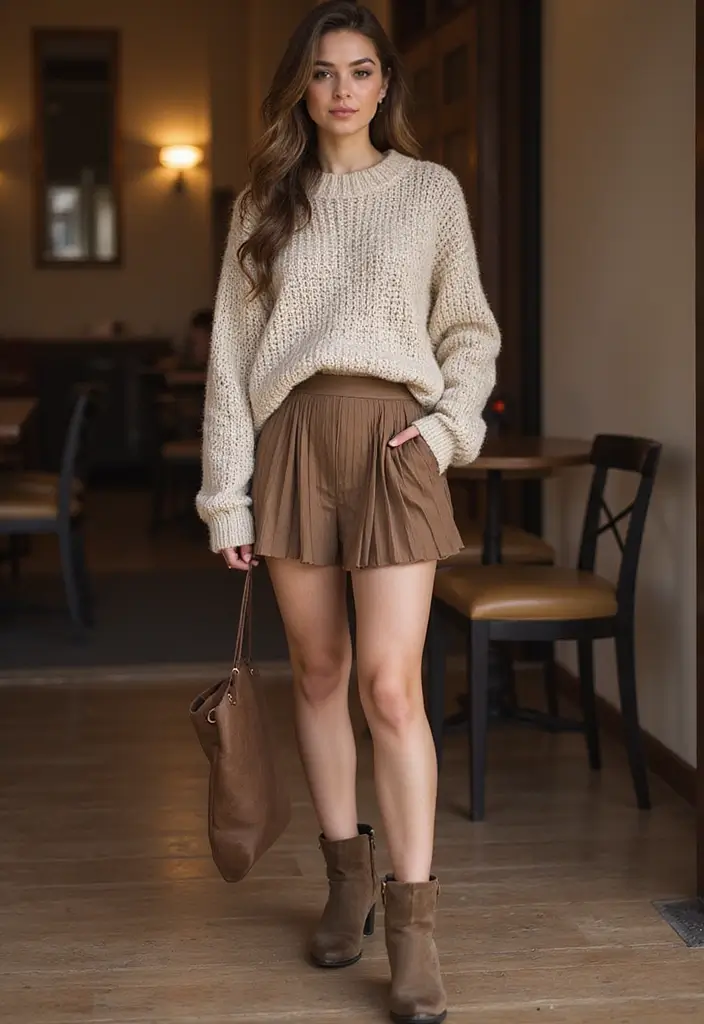 30 Fresh Outfit Casual Mujer Ideas You Need To Try - 13. Chunky Knit Sweater with Pleated Skirt