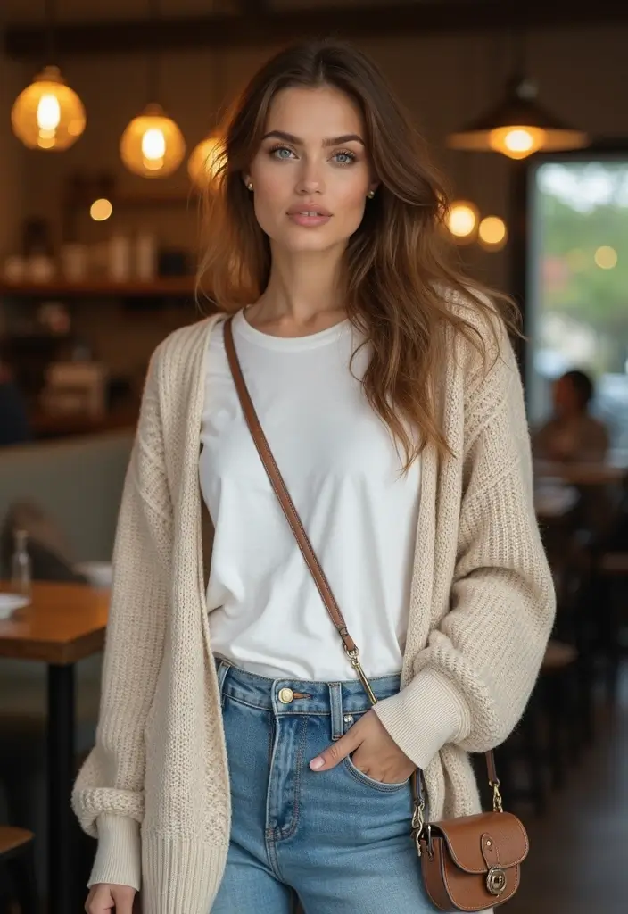 30 Fresh Outfit Casual Mujer Ideas You Need To Try - 17. Soft Cardigan with Basic Tee and Jeans