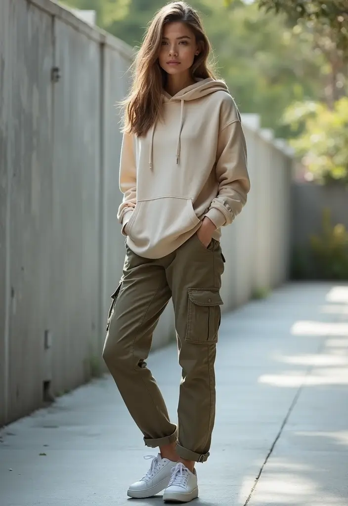 30 Fresh Outfit Casual Mujer Ideas You Need To Try - 19. Basic Hoodie with Cargo Pants