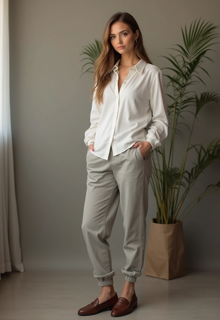 30 Fresh Outfit Casual Mujer Ideas You Need To Try - 23. Relaxed Fit Button-Up Shirt with Jogger Pants
