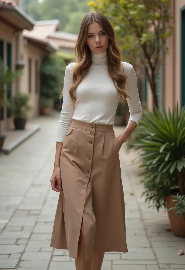 30 Fresh Outfit Casual Mujer Ideas You Need To Try - 25. Simple Turtleneck with A-Line Skirt
