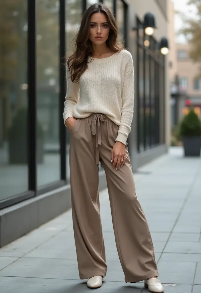 30 Fresh Outfit Casual Mujer Ideas You Need To Try - 27. Simple Knit Top with Wide-Leg Pants