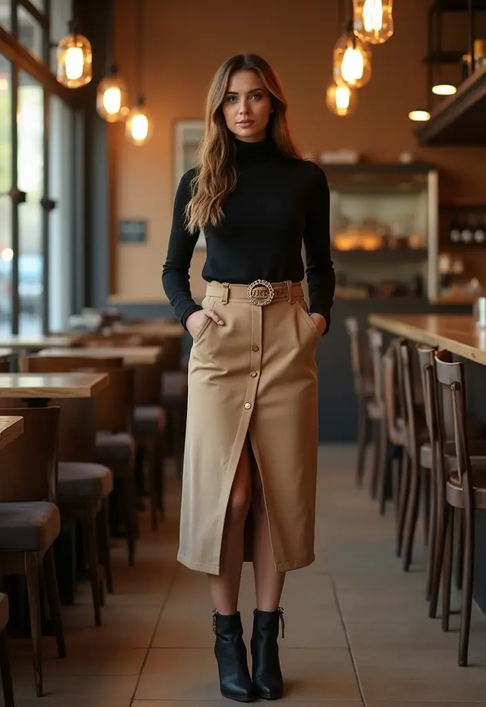 30 Fresh Outfit Casual Mujer Ideas You Need To Try - 5. Midi Skirt and Fitted Turtleneck